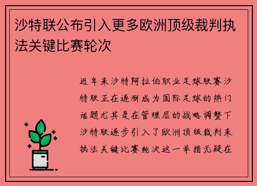沙特联公布引入更多欧洲顶级裁判执法关键比赛轮次
